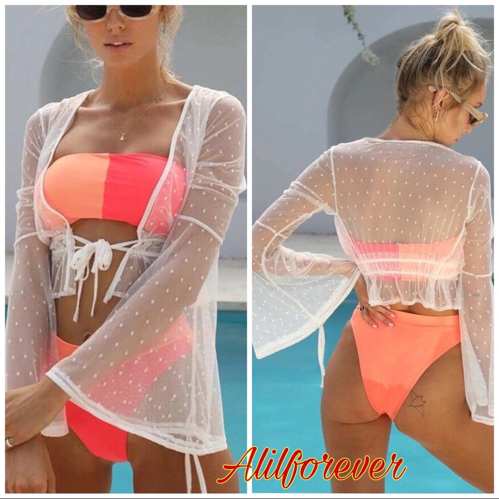 🦋White Mesh Lace Dots Shirt Cover Up Swimwear🥰 - Picture 3 of 7